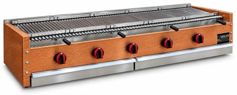 Copper-clad countertop gas and lava stone grill · 175 cm