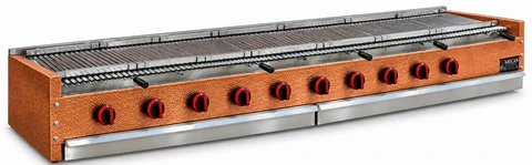 Copper-clad countertop gas and lava stone grill · 300 cm