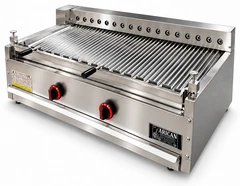 Parrilla de gas con piedra volcánica y giro automático de brochetas · 80 cm