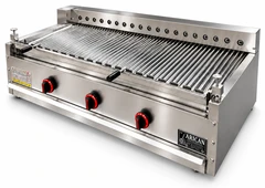 Parrilla de gas con piedra volcánica y giro automático de brochetas · 125 cm
