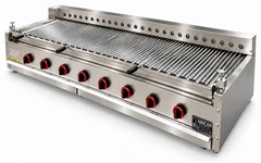 Parrilla de gas con piedra volcánica y giro automático de brochetas · 250 cm