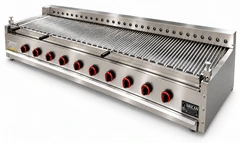 Parrilla de gas con piedra volcánica y giro automático de brochetas · 300 cm