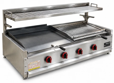 Gas and lava stone grill with warming rack · 150 cm