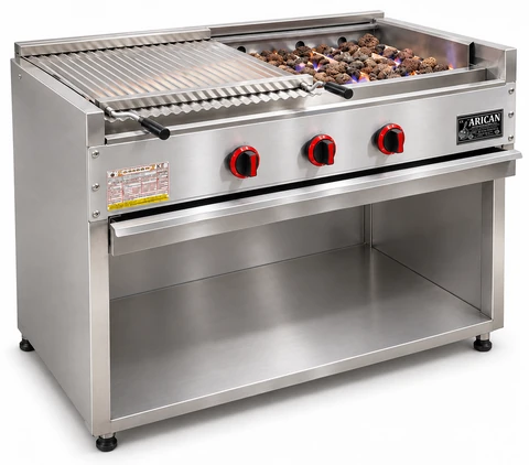 Gas and lava stone grill with open base cabinet · 125 cm