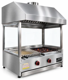 Parrilla de gas con piedra volcánica de sobremesa, campana de acero inoxidable y vidrio · 80 cm