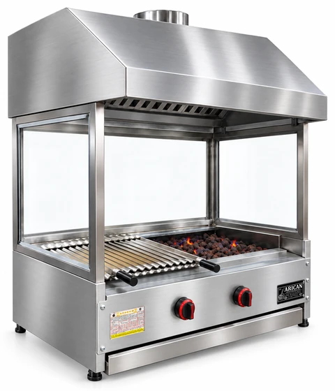 Countertop gas and lava stone grill with stainless hood and glass · 80 cm