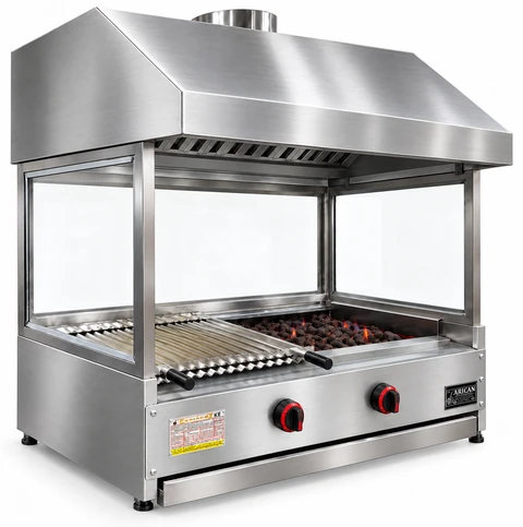 Countertop gas and lava stone grill with stainless hood and glass · 100 cm