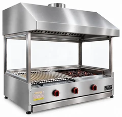 Parrilla de gas con piedra volcánica de sobremesa, campana de acero inoxidable y vidrio · 125 cm