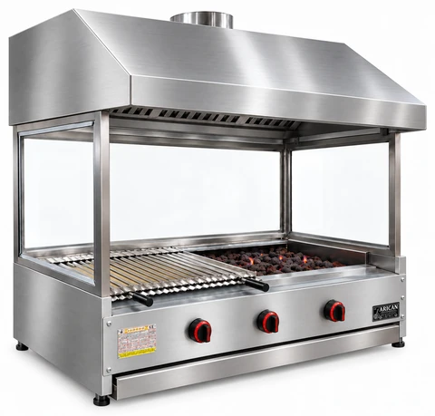 Countertop gas and lava stone grill with stainless hood and glass · 125 cm