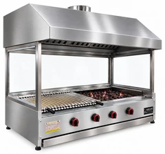 Parrilla de gas con piedra volcánica de sobremesa, campana de acero inoxidable y vidrio · 150 cm