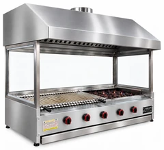 Parrilla de gas con piedra volcánica de sobremesa, campana de acero inoxidable y vidrio · 175 cm