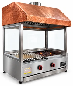 Parrilla de gas con piedra volcánica de sobremesa, campana de cobre y vidrio · 80 cm