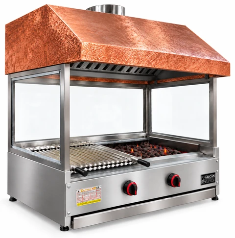 Countertop gas and lava stone grill with copper hood and glass · 100 cm