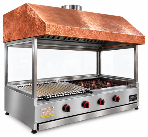 Countertop gas and lava stone grill with copper hood and glass · 150 cm