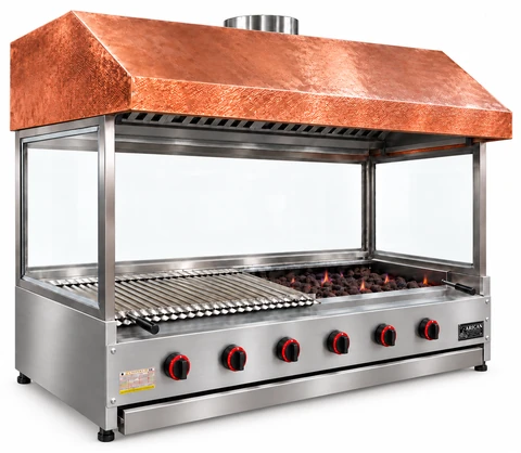 Countertop gas and lava stone grill with copper hood and glass · 200 cm
