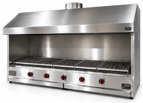 Countertop gas and lava stone grill with hood and stainless side panels · 175 cm