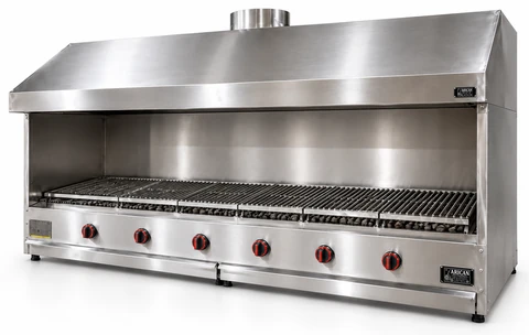 Countertop gas and lava stone grill with hood and stainless side panels · 200 cm