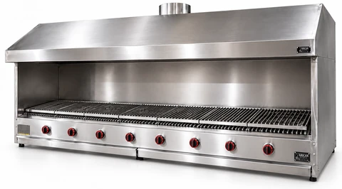 Countertop gas and lava stone grill with hood and stainless side panels · 250 cm