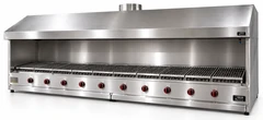 Parrilla de gas con piedra volcánica de sobremesa, campana y paneles laterales de acero inoxidable · 300 cm
