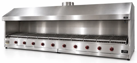 Countertop gas and lava stone grill with hood and stainless side panels · 300 cm