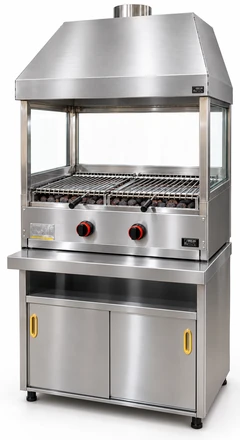 Parrilla de gas con piedra volcánica, mueble inferior, campana de acero inoxidable y vidrio · 80 cm