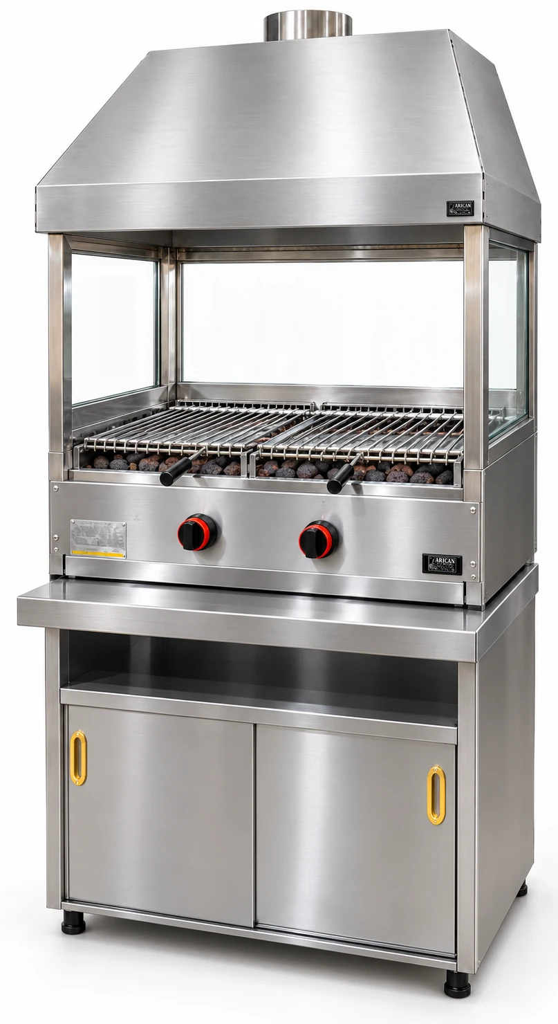 Gas-Lavasteingrill mit Unterschrank, Edelstahlhaube und Glasverkleidung · 80 cm