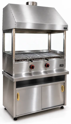 Parrilla de gas con piedra volcánica, mueble inferior, campana de acero inoxidable y vidrio · 100 cm