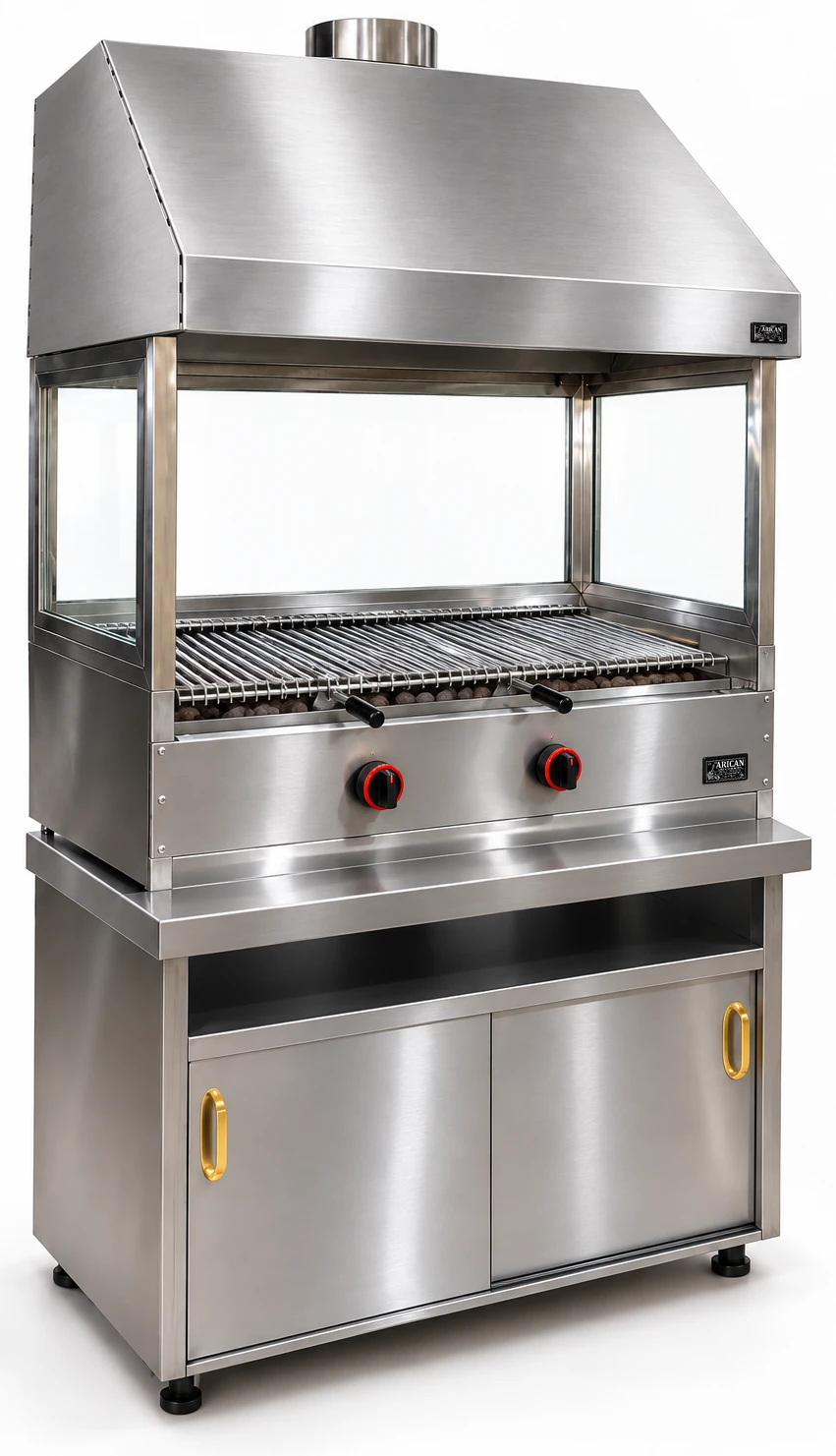 Gas-Lavasteingrill mit Unterschrank, Edelstahlhaube und Glasverkleidung · 100 cm