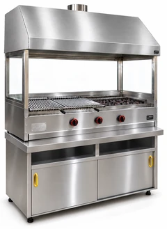 Parrilla de gas con piedra volcánica, mueble inferior, campana de acero inoxidable y vidrio · 125 cm