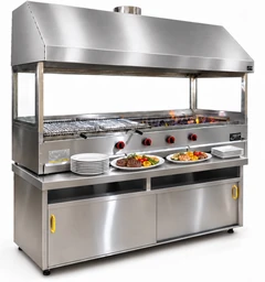 Parrilla de gas con piedra volcánica, mueble inferior, campana de acero inoxidable y vidrio · 150 cm