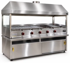 Parrilla de gas con piedra volcánica, mueble inferior, campana de acero inoxidable y vidrio · 175 cm