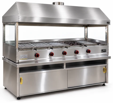 Gas and lava stone grill with cabinet, stainless hood and glass · 175 cm