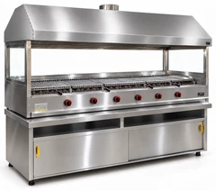 Parrilla de gas con piedra volcánica, mueble inferior, campana de acero inoxidable y vidrio · 200 cm