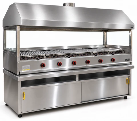 Gas and lava stone grill with cabinet, stainless hood and glass · 200 cm