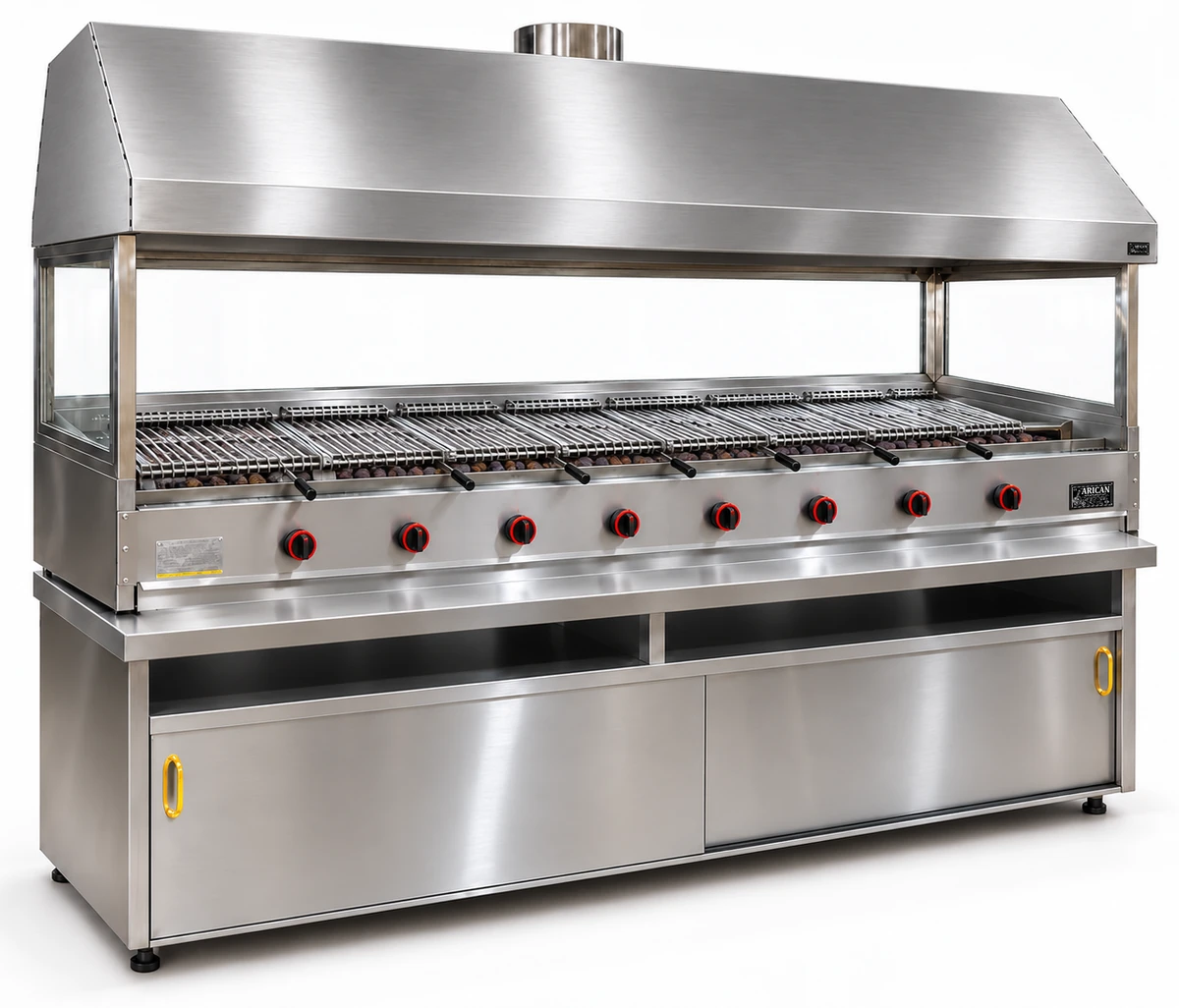 Gas-Lavasteingrill mit Unterschrank, Edelstahlhaube und Glasverkleidung · 250 cm