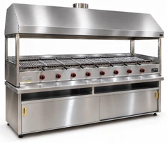Parrilla de gas con piedra volcánica, mueble inferior, campana de acero inoxidable y vidrio · 250 cm
