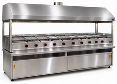 Parrilla de gas con piedra volcánica, mueble inferior, campana de acero inoxidable y vidrio · 300 cm