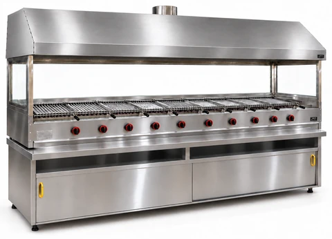 Gas and lava stone grill with cabinet, stainless hood and glass · 300 cm