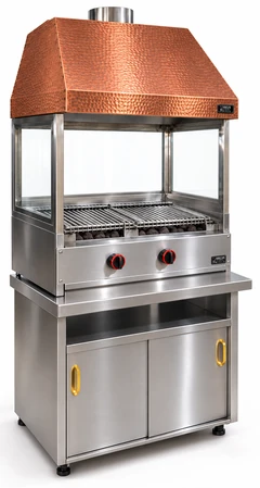 Parrilla de gas con piedra volcánica, mueble inferior, campana de cobre y vidrio · 80 cm