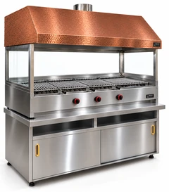 Parrilla de gas con piedra volcánica, mueble inferior, campana de cobre y vidrio · 125 cm
