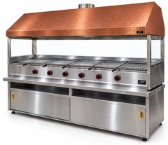 Parrilla de gas con piedra volcánica, mueble inferior, campana de cobre y vidrio · 200 cm