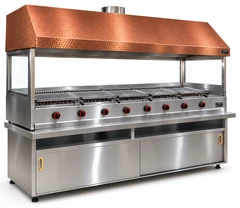 Parrilla de gas con piedra volcánica, mueble inferior, campana de cobre y vidrio · 250 cm