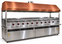Parrilla de gas con piedra volcánica, mueble inferior, campana de cobre y vidrio · 300 cm