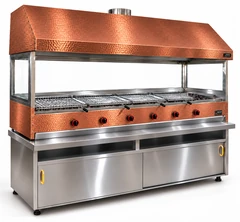 Parrilla de gas con piedra volcánica revestida de cobre, mueble inferior, campana de cobre y vidrio · 200 cm