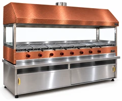 Parrilla de gas con piedra volcánica revestida de cobre, mueble inferior, campana de cobre y vidrio · 250 cm
