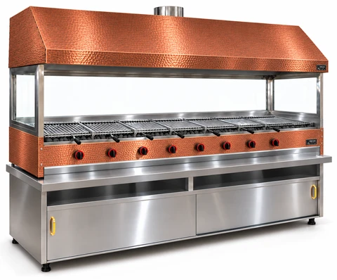 Copper-clad gas and lava stone grill with cabinet, copper hood and glass · 250 cm