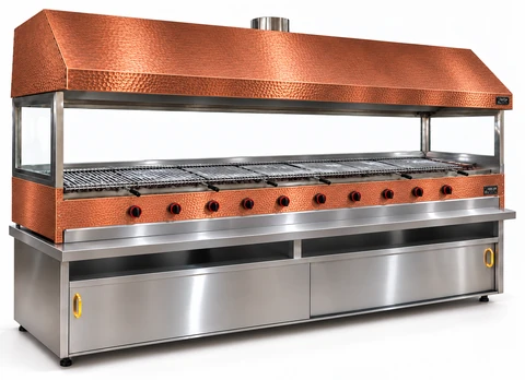 Copper-clad gas and lava stone grill with cabinet, copper hood and glass · 300 cm