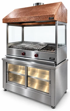 Parrilla de gas con piedra volcánica, base refrigerada, campana de cobre y vidrio · 100 cm