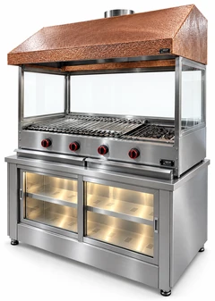 Parrilla de gas con piedra volcánica, base refrigerada, campana de cobre y vidrio · 150 cm