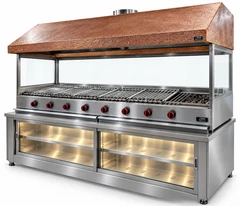 Parrilla de gas con piedra volcánica, base refrigerada, campana de cobre y vidrio · 250 cm